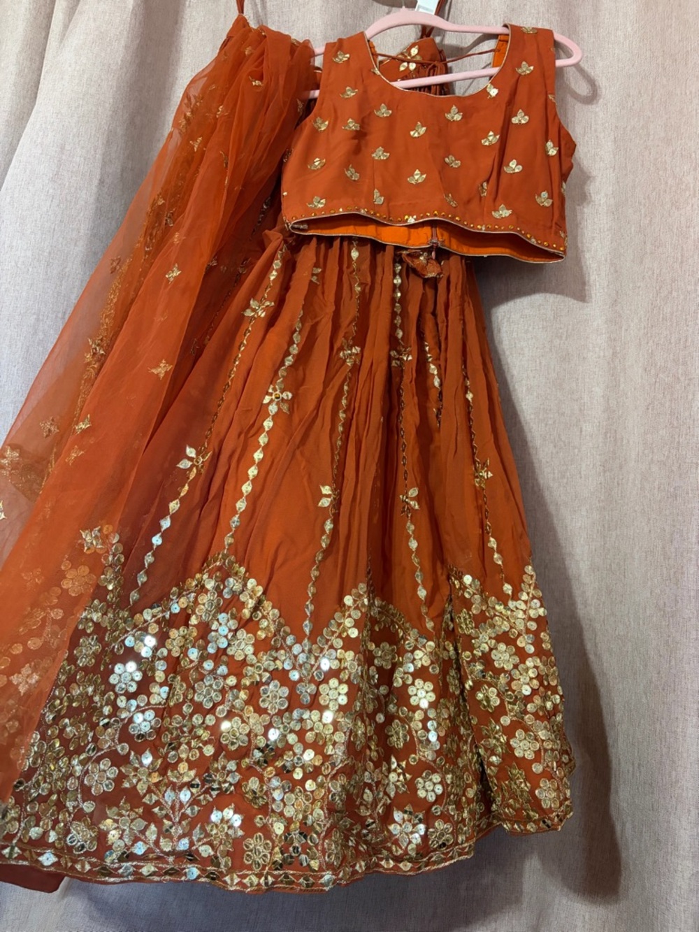 Embellished Orange Girls' Wedding Dress with Dupatta